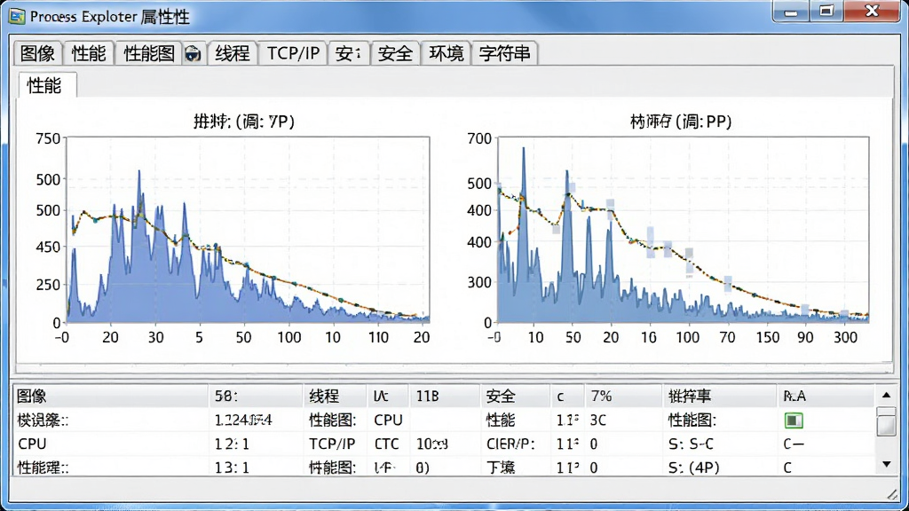 Process Explorer属性窗口界面,显示“图像”、“性能”、“性能图”、“线程”、“TCP/IP”、“安全”、“环境”、“字符串”等多个标签页,当前打开“性能”标签页,展示CPU和内存使用历史图表,窗口底部有详细信息列表,风格专业,排版紧凑,细节丰富,画质高清,干净无多余元素