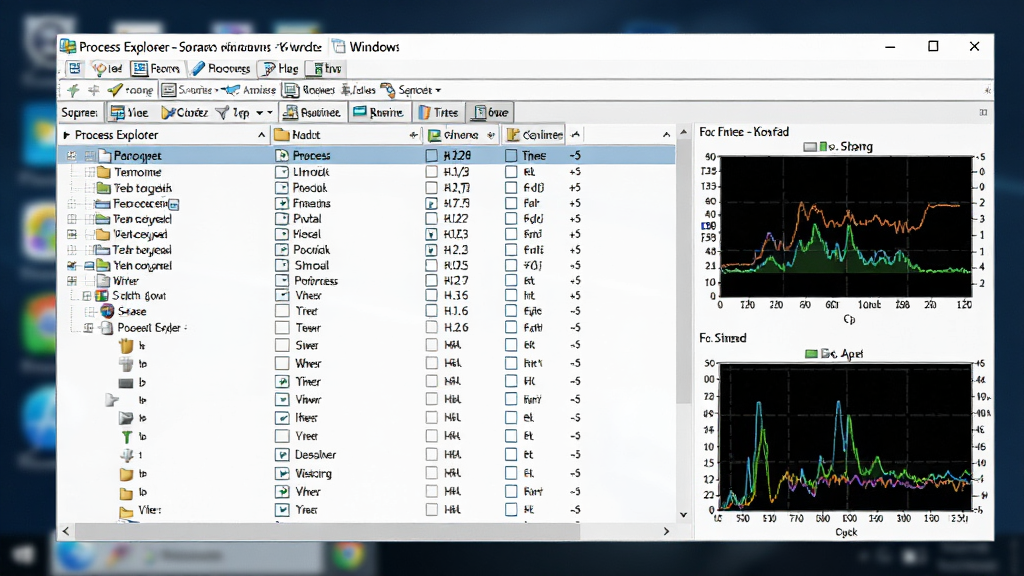 Process Explorer 在 Windows 系统上运行,界面显示进程列表和性能图表,用户点击列标题排序,背景为模糊的电脑屏幕,画面清晰,布局合理,细节丰富,画质高清,干净无多余元素