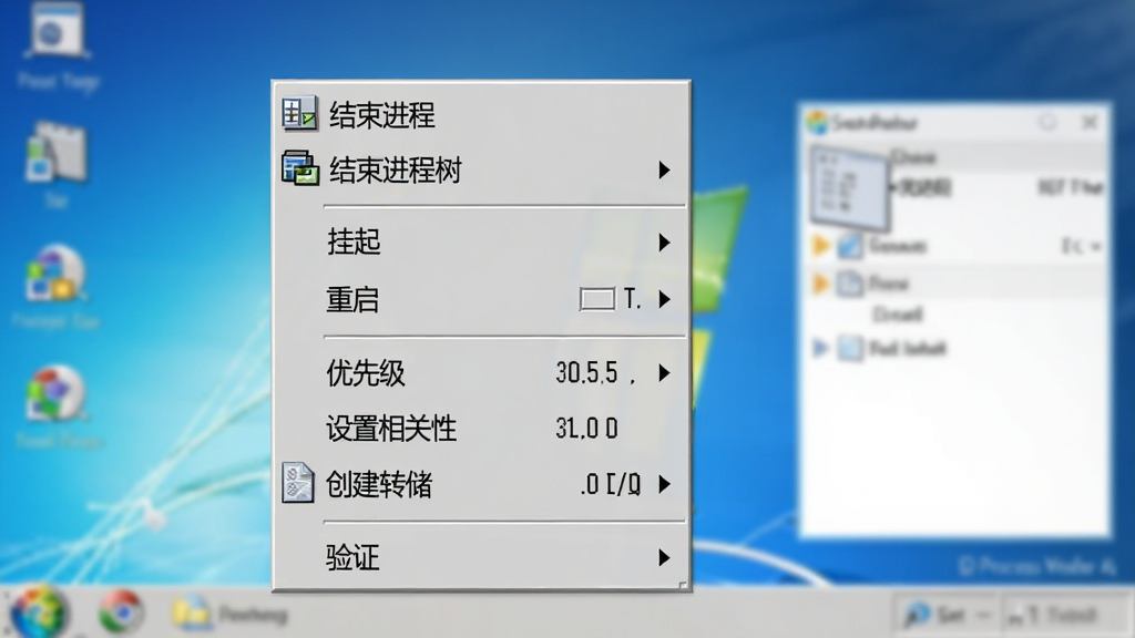 Process Explorer右键菜单界面,菜单项包括“结束进程”、“结束进程树”、“挂起”、“重启”、“优先级”、“设置相关性”、“创建转储”、“验证”等,菜单风格为Windows经典样式,背景为模糊的系统界面,排版清晰,细节丰富,画质高清,干净无多余元素