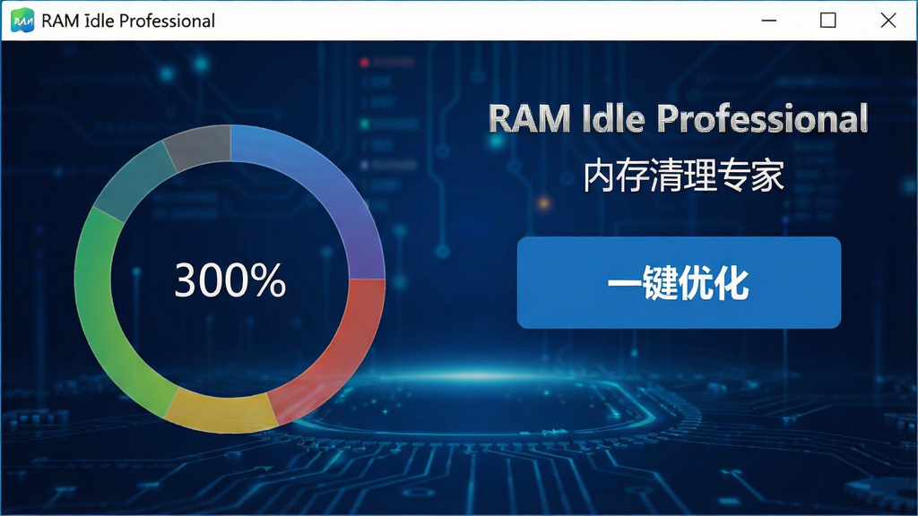 一张展示RAM Idle Professional主界面的高清截图,界面布局简洁,左侧为内存使用率环形图表,右侧为“一键优化”按钮,背景为深蓝色科技感风格,文字标注“RAM Idle Professional 内存清理专家”,画质清晰干净,无多余元素
