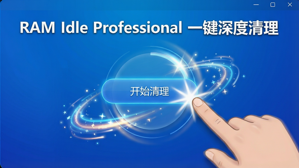 一张RAM Idle Professional执行一键清理的界面截图,界面中央有“开始清理”按钮被点击的瞬间,周围有动态光效,背景为蓝色渐变,文字标注“RAM Idle Professional 一键深度清理”,画质清晰富有动感