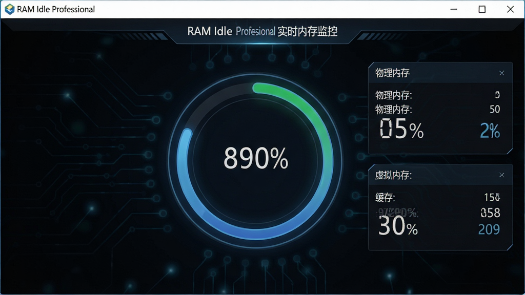 一张RAM Idle Professional的监控界面截图,界面中央显示内存使用率的环形进度条,旁边有实时数据面板,展示物理内存、虚拟内存和缓存占用,整体风格为深色科技感,文字标注“RAM Idle Professional 实时内存监控”,画质干净高清