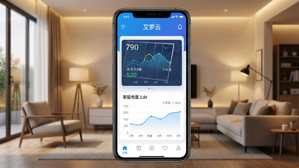 一张展示艾罗云app主界面的高清截图,界面中央显示光伏发电功率、电池电量和家庭负载曲线,背景为现代简约的客厅环境,暖色调灯光,画面清晰明亮,风格科技感十足,排版整洁,细节丰富,画质细腻,干净无多余元素