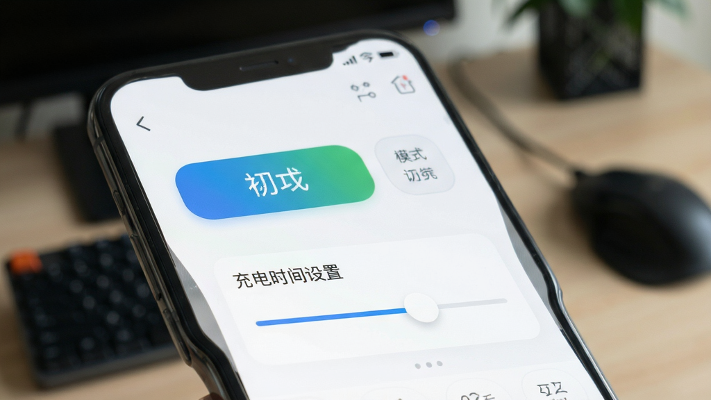 艾罗云app远程控制界面截图,显示模式切换按钮和充电时间设置滑块,背景为手机操作场景,界面布局规整,按钮颜色突出,风格清爽,细节完整,画质清晰,干净无多余元素
