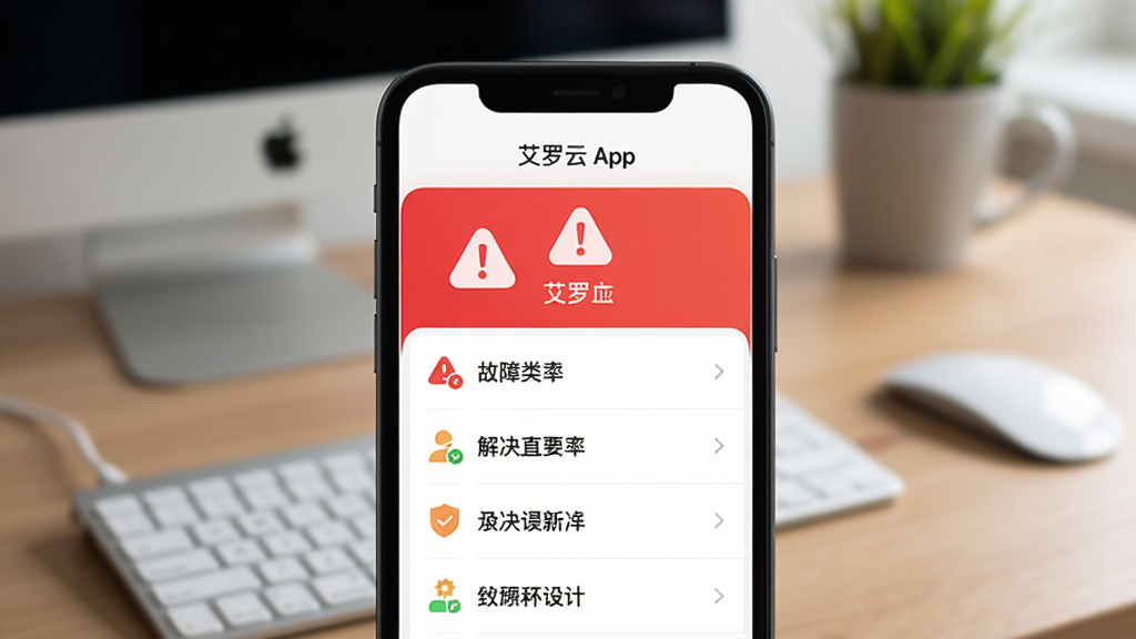 艾罗云app告警通知界面,显示故障类型和解决建议列表,手机屏幕明亮,红色警示图标醒目,背景为桌面场景,排版清晰,风格实用,细节到位,画质高,干净无多余元素