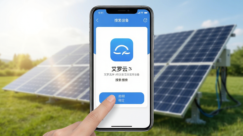 艾罗云app安装在手机上的操作截图,手指点击绑定设备按钮,屏幕显示设备搜索界面,背景为家庭光伏电站场景,光线明亮,风格自然,细节清晰,画质高,干净无多余元素