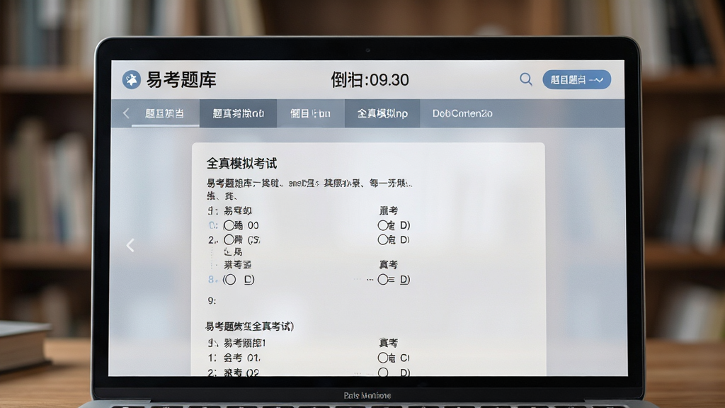 画面主体为笔记本电脑屏幕特写,屏幕上显示“易考题库”全真模拟考试界面,顶部有倒计时和题目导航条,中央是标准选择题样式。布局为屏幕居中,背景虚化为书房场景。排版规范,模拟试卷占满屏幕。风格写实且略带磨砂质感,光线柔和,细节丰富,画质清晰,无多余杂乱元素。