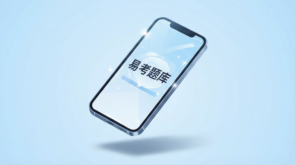 画面主体为一部亮屏的智能手机,屏幕正中央显示“易考题库”四个大字的APP启动界面,手机斜45度角悬浮于干净浅蓝色渐变背景之上。布局采用居中构图,手机下方投射出柔和阴影,增强立体感。排版简洁大气,无多余文字。风格为现代科技感扁平插画风,细节处高光点缀,画质清晰通透,干净无多余元素。