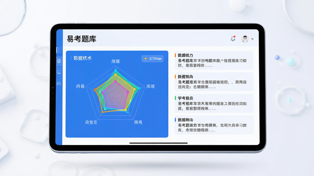 图片主体为一块悬浮的平板电脑界面,屏幕上展示着“易考题库”学习报告页面,包含一个五颜六色的能力雷达图和数据统计列表。布局采用平视视角,图表面向观众。排版清晰,图表位于画面中央偏左,右侧配以简短的文字说明条。风格为简洁的科技商务风,蓝白主色调,细节处理精致,画质高清,背景干净无多余元素。