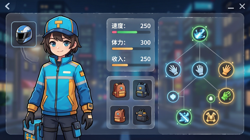 主体:游戏角色养成界面,展示一位穿着时尚外卖服的角色,周围有属性面板和装备栏。布局:角色立绘位于画面左侧,右侧为详细的属性数值(速度、体力、收入)和技能树。排版:界面采用半透明玻璃质感,背景是模糊的城市夜景。风格:二次元卡通渲染风格,色彩活泼。细节:角色身上有可更换的装备槽位,如头盔、手套、背包,技能树上有多个发光节点。画质:高清,UI元素无锯齿,干净,无多余元素。
