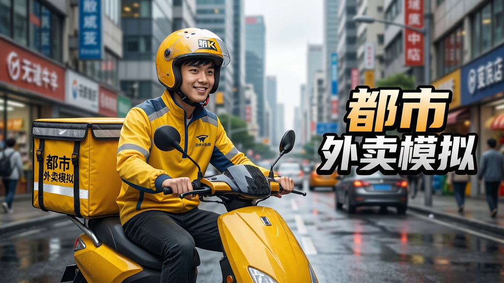 主体:一位身穿黄色外卖制服、头戴头盔的年轻骑手,骑着电动车穿梭在繁华的都市街道上,车后座有一个印有“都市外卖模拟”Logo的保温箱。布局:骑手位于画面中央偏左,背景是虚化的高楼大厦和车流,街道两旁有商铺和行人。排版:画面右侧留白,可放置游戏标题“都市外卖模拟”的艺术字。风格:现代写实风格,色彩明亮,光影效果真实,充满生活气息。细节:骑手面带微笑,头盔上有品牌标识,外卖箱有反光条,地面有湿润的反光效果。画质:4K超清,细节丰富,干净,无多余元素。