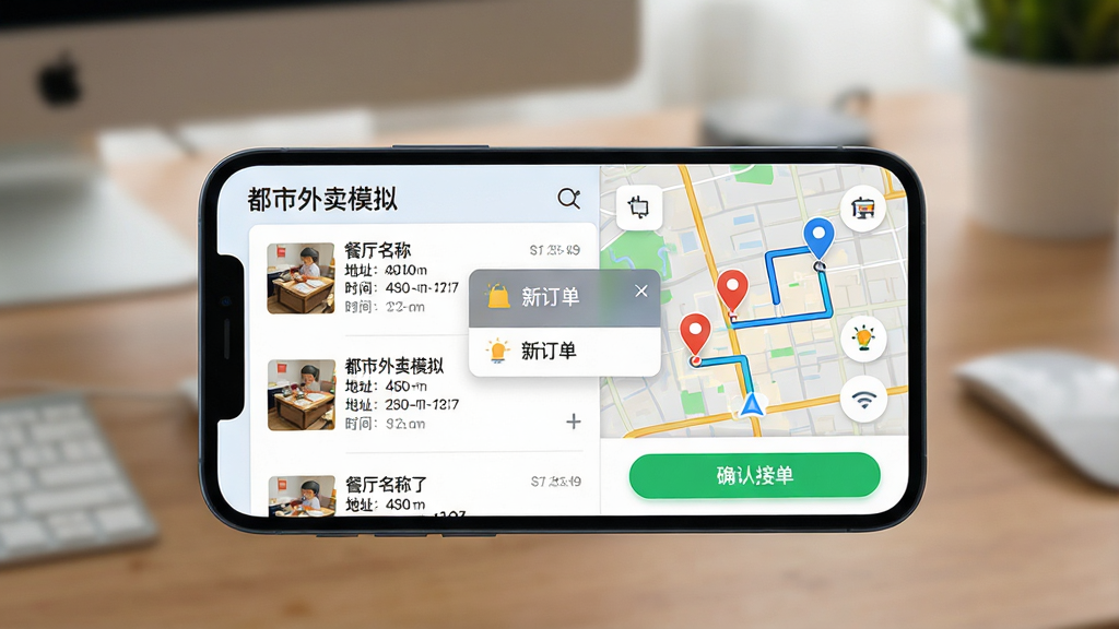 主体:游戏手机界面特写,屏幕上显示着“都市外卖模拟”的订单列表和地图导航。布局:手机位于画面中央,屏幕内容清晰可见,周围是模糊的桌面环境。排版:屏幕内左侧为订单详情(包含餐厅名称、地址、时间限制),右侧为城市地图路线。风格:UI界面设计简洁现代,图标清晰,色彩鲜艳。细节:屏幕上有“新订单”的弹窗提示,地图上标有取餐点和送餐点的标记,底部有“确认接单”的绿色按钮。画质:高清,屏幕无眩光,干净,无多余元素。
