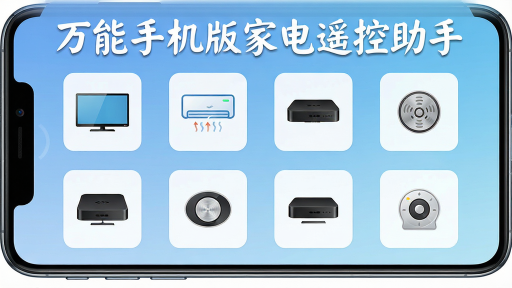一张高清智能手机屏幕展示万能手机版家电遥控助手主界面,屏幕中显示多个家电图标如电视、空调、机顶盒,采用网格布局,背景为淡蓝色渐变,界面简洁现代,软件名称“万能手机版家电遥控助手”以白色艺术字显示在屏幕顶部,画质清晰,干净无多余元素。