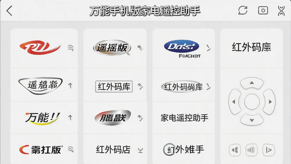 一张展示万能手机版家电遥控助手红外码库的界面截图,手机屏幕上列出多个品牌logo和型号列表,布局整齐,背景为浅灰色,软件名称“万能手机版家电遥控助手”出现在顶部导航栏,画质精细,干净无多余元素。