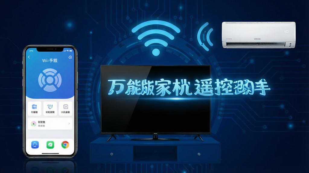 一张展示万能手机版家电遥控助手Wi-Fi互联控制功能的示意图,手机与智能电视、空调通过无线信号连接,背景为深蓝色科技感风格,软件名称“万能手机版家电遥控助手”以发光字体显示在画面中央,布局清晰,画质高清,干净无多余元素。