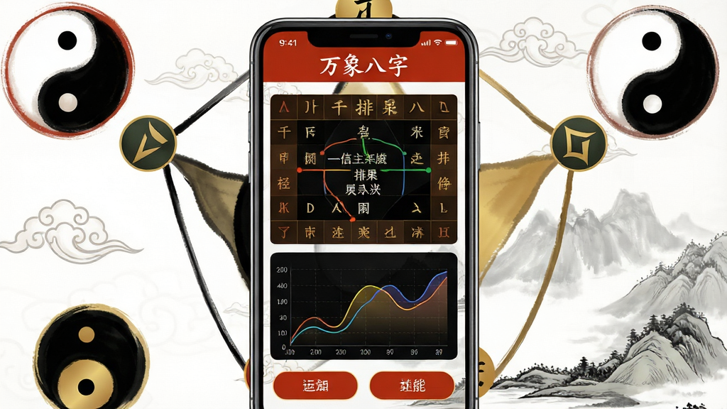 主体:手机屏幕显示“万象八字”软件主界面,界面展示八字排盘结果和运势曲线图。布局:手机居中,屏幕内容清晰可见,周围有传统的太极、阴阳、五行元素作为装饰背景。排版:界面布局合理,上方显示软件名称“万象八字”,中间为八字干支信息,下方为简洁的功能按钮。风格:融合现代科技感与传统国风水墨画风格,色调以朱红、墨黑、金色为主。细节:八字信息文字清晰,五行生克关系用彩色线条连接,背景有淡淡的云纹和水墨山水的纹理。画质:高清渲染,画面干净,无多余元素。