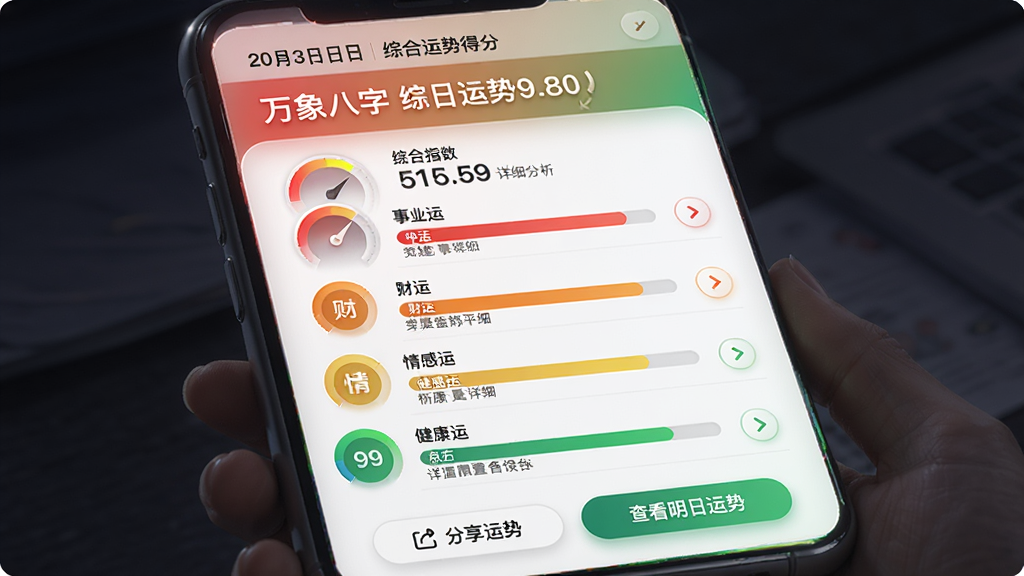 主体:“万象八字”软件的每日运势报告卡片,顶部为日期和综合运势得分。布局:卡片式设计,从上到下依次排列:综合指数、事业运、财运、情感运、健康运的进度条和简短评语。排版:数据可视化,采用圆形仪表盘和条形进度图,文字简洁有力。风格:时尚简约的卡片风格,背景采用渐变色,根据运势好坏呈现从红到绿的色阶变化。细节:每条运势后面都有一个小箭头,点击可查看详细分析,底部有“分享运势”和“查看明日运势”的按钮。画质:动画流畅,色彩过渡自然,界面元素精致。