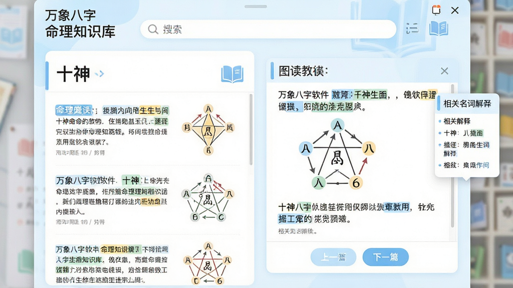 主体:“万象八字”软件内的命理知识库界面,展示一篇关于“十神”的图文教程。布局:上方为搜索栏,下方为文章列表和阅读窗口,分为左右两栏。排版:文章标题醒目,正文段落清晰,关键术语用高亮颜色标出,并配有简单的示意图。风格:现代教育风格,界面明亮,以白色和浅蓝色为主色调,搭配柔和的书本图标。细节:文章中穿插五行生克关系图,右侧有相关名词解释的悬浮卡片,底部有“上一篇”、“下一篇”导航按钮。画质:界面干净清爽,文字锐利,无多余视觉干扰。
