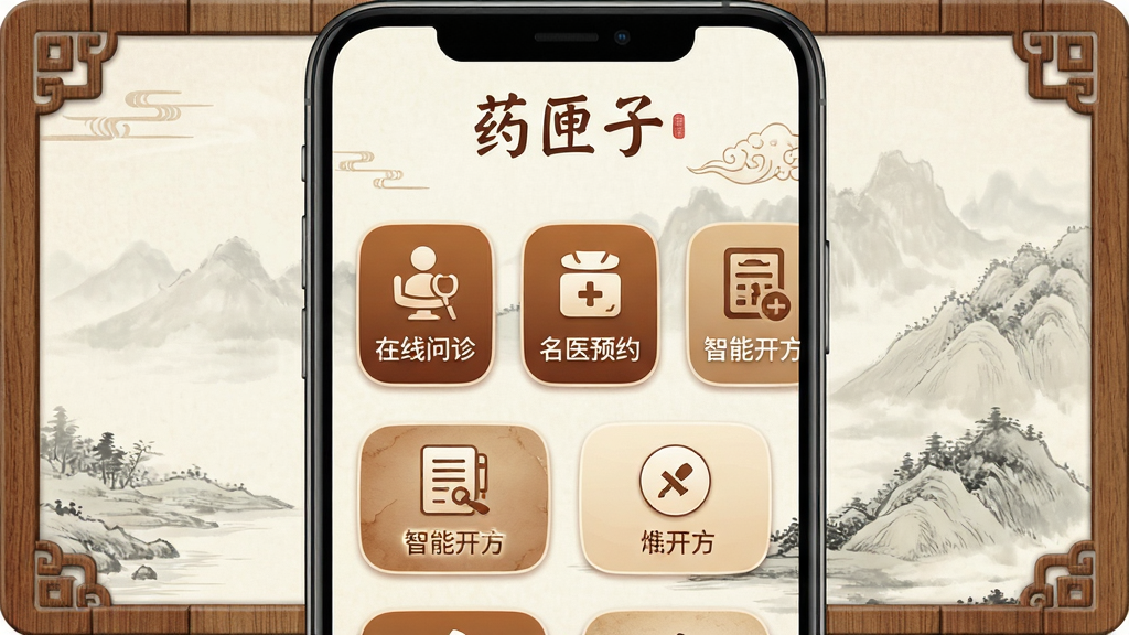 画面中央展示一款名为“药匣子”的智能手机应用界面,界面以古朴的中医药风格为主,背景为淡雅的水墨山水画,搭配木质纹理的装饰边框。主界面呈现“在线问诊”“名医预约”“智能开方”等核心功能图标,图标采用圆角矩形设计,色彩以暖棕色和米白色为主,文字清晰标注。整体布局简洁大方,突出中医药文化底蕴与现代科技融合的质感,画质细腻干净,无多余元素。