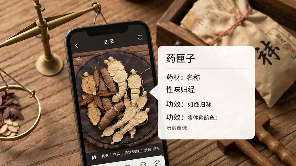展示“药匣子”药材鉴别功能,手机屏幕上显示一张中药材的清晰照片,旁边弹出识别结果卡片,标注药材名称、性味归经、功效等文字信息。背景为木桌纹理,放有戥子、药包等中医工具,整体画面具有生活气息,色彩自然,画质干净。