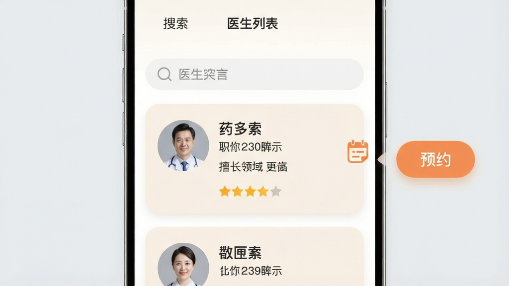展示“药匣子”应用内医生列表页面,页面顶部为搜索栏,下方以卡片形式展示医生头像、姓名、职称、擅长领域及用户评价。卡片背景为浅米色,边框圆润,整体色调柔和。画面右侧悬浮一个“预约”按钮,突出便捷操作。背景为淡灰色,整体风格简约清晰,画质干净无多余元素。