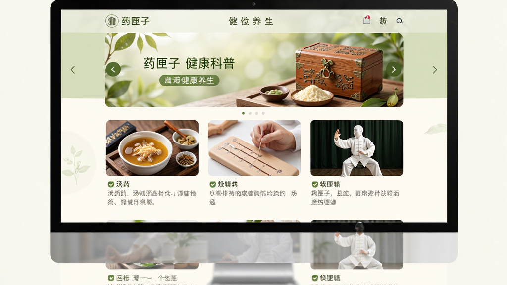 展示“药匣子”健康科普页面,页面顶部为轮播图,下方为文章列表,每篇文章配有一张缩略图,如汤药、针灸、太极等元素。整体设计清新自然,主色调为淡绿色和米白色,强调健康养生的氛围。画面干净,无多余元素。