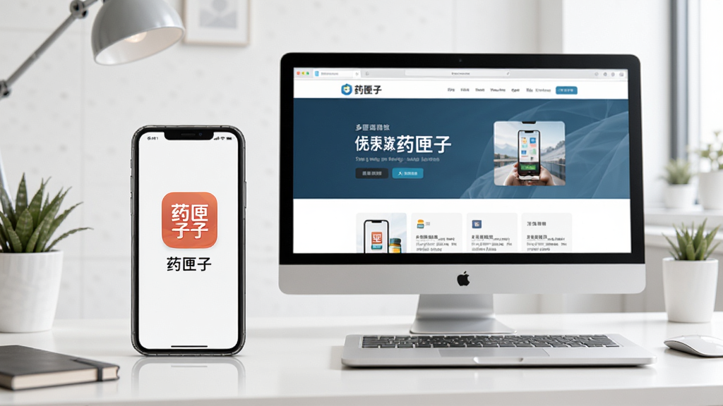 展示一组智能手机和电脑并排摆放的画面,手机屏幕上显示“药匣子”应用图标,电脑屏幕上显示药匣子官网界面。背景为简洁的工作台,光线明亮,整体风格干净清爽,突出多设备适配的特点。