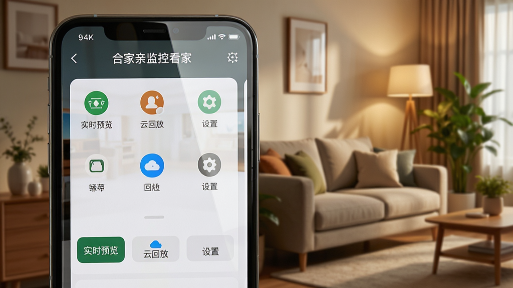 主体:智能家庭监控场景,手机屏幕显示合家亲监控看家App界面,画面中清晰呈现“合家亲监控看家”字样。布局:手机位于画面中央偏左,右侧是客厅实景,沙发、绿植、灯光温馨。排版:手机屏幕特写,UI界面图标清晰可辨,下方有“实时预览”“云回放”“设置”按钮。风格:写实渲染,暖色调,科技感与家居感融合。细节:手机屏幕反光自然,客厅光线柔和,画面干净无杂物。画质:8K超清,细节丰富,无多余元素。