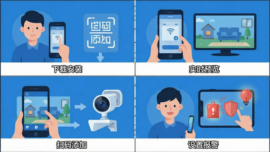 主体:一张操作流程图,展示合家亲监控看家App的设置步骤,分为四格漫画风格。布局:四格依次为“下载安装”、“扫码添加”、“实时预览”、“设置报警”。排版:每格下方有简短文字说明。风格:扁平化插画风格,蓝色主调。细节:人物形象简洁,手机和摄像头图标清晰。画质:高清矢量风格,干净无多余元素。