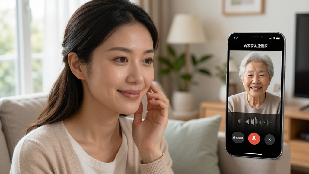 主体:一位年轻妈妈对着手机说话,手机屏幕显示合家亲监控看家App语音对讲界面。布局:妈妈在左侧,手机在右侧,背景为客厅。排版:屏幕上有“按住说话”按钮和音量波形动画。风格:写实生活照风格,自然光线。细节:妈妈表情温柔,手机画面中能看到老人微笑回应。画质:高清画质,柔和色调,无多余元素。