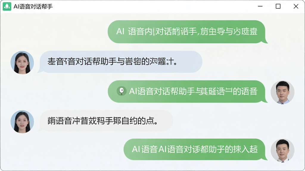 AI语音对话帮手与用户进行多轮自然对话的界面截图,对话气泡交错显示,软件名称“AI语音对话帮手”出现在顶部状态栏,画面柔和明亮,画质干净,无多余元素。