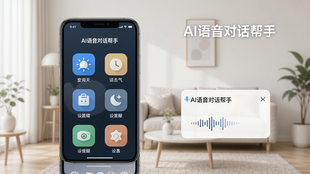 AI语音对话帮手在生活场景中的应用,如查询天气、设置提醒等,手机屏幕展示功能图标和语音回复卡片,背景为简约家居环境,软件名称“AI语音对话帮手”清晰可见,画质干净,无多余元素。