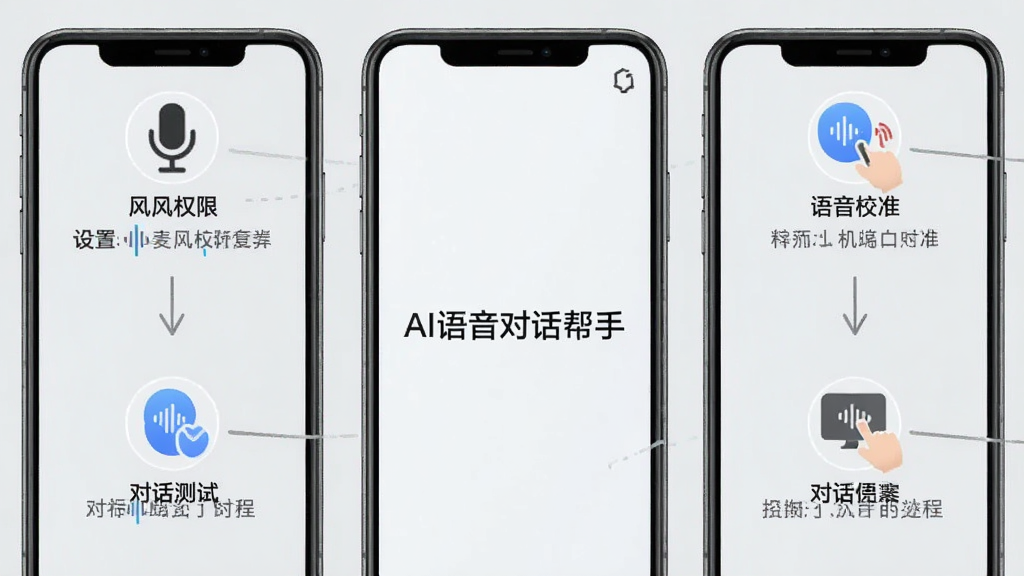 AI语音对话帮手在手机上的操作教程步骤图,包含麦克风权限设置、语音校准、对话测试等流程,每步配简单图标,背景为浅灰色,软件名称“AI语音对话帮手”出现在屏幕中央,画质干净,无多余元素。