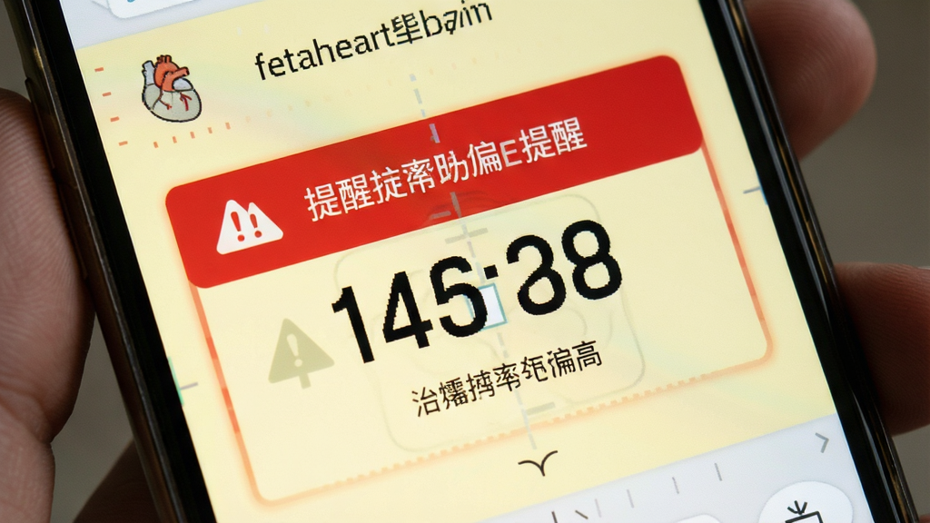 展示fetalheart胎心仪异常提醒界面,手机屏幕上显示红色警示框,胎心率数值偏高,背景为淡黄色警示色,布局突出提醒信息,图标简洁,画质清晰,无多余元素