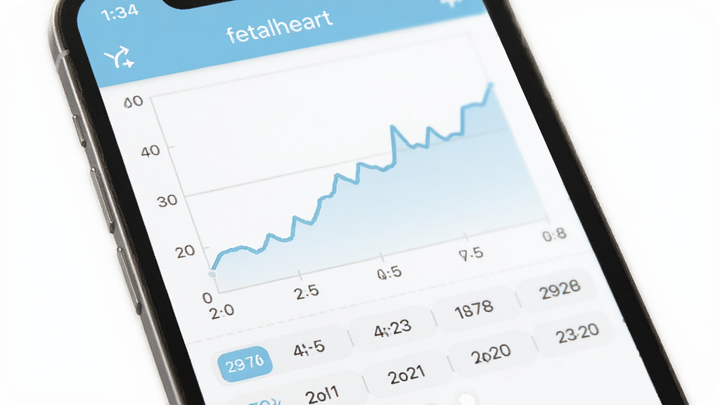 展示fetalheart胎心仪历史记录页面,手机屏幕显示折线趋势图,下方有日期列表,色彩以浅蓝和白色为主,排版整齐,图标清晰,风格简约现代,画质干净