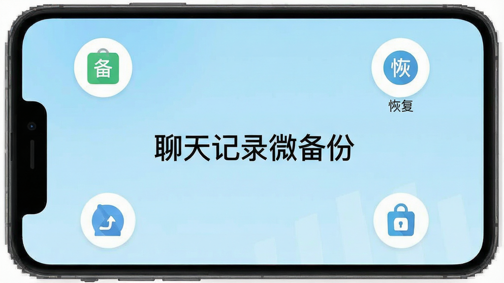 一张扁平化设计的手机应用预览图,屏幕中央显示“聊天记录微备份”字样,周围环绕备份、恢复、加密等图标,背景为浅蓝色渐变,整体风格简洁明亮,画质清晰干净,无多余元素