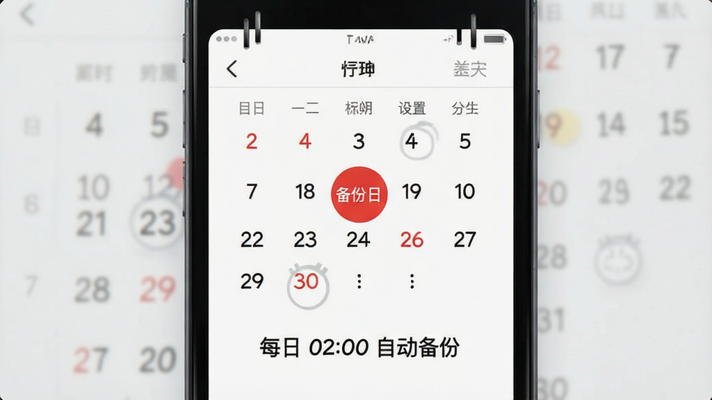 日历风格的定时设置界面,日期上标注“备份日”红色圆点,下方显示“每日 02:00 自动备份”字样,背景为白色,整体风格简约清晰,画质干净,无多余元素
