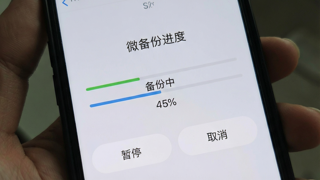 手机屏幕展示聊天记录微备份的备份进度界面,进度条显示“备份中 45%”,下方有“暂停”“取消”按钮,背景为淡灰色,界面设计简洁,文字清晰,画质干净,无多余元素