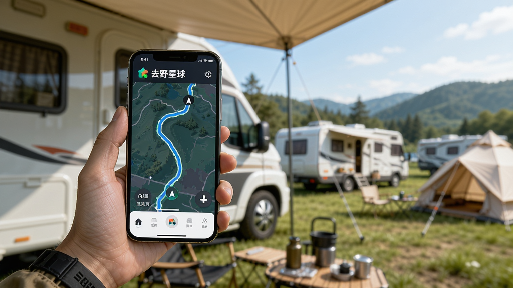 主体:用户手持手机使用去野星球APP,屏幕显示导航路线,背景是房车营地。布局:用户位于画面左侧,手机屏幕朝向镜头,右侧是营地风景。排版:人物与风景占比协调。风格:写实生活感,自然光。细节:手机屏幕上有“去野星球”标识,营地有房车和帐篷。画质:4K高清,干净,无多余元素。