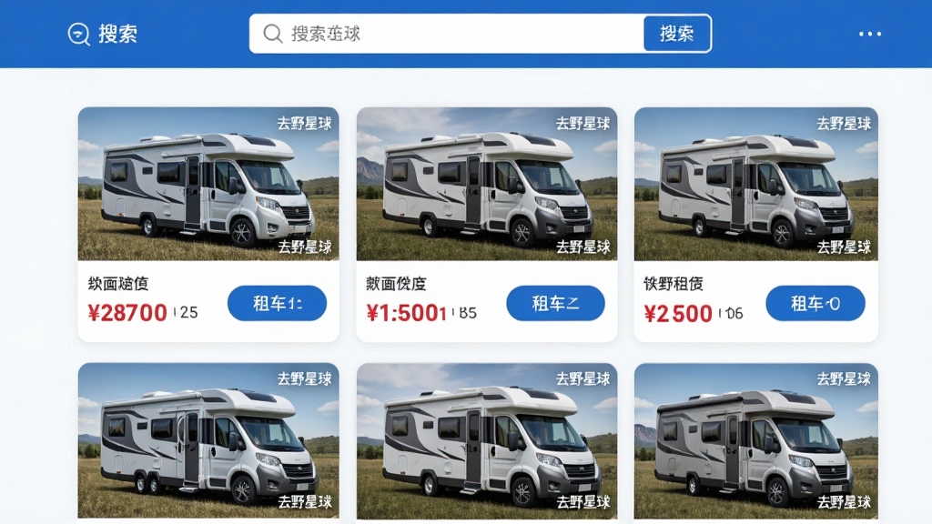 主体:去野星球APP的房车租赁页面,展示多款房车图片与价格对比。布局:页面顶部是搜索栏,下方是房车列表,每辆车配有高清图与租车按钮。排版:信息流式布局,清晰易读。风格:简洁商务风,蓝色主色调。细节:房车图片上标注“去野星球”水印,价格用醒目红色字体显示。画质:超清,干净,无多余元素。