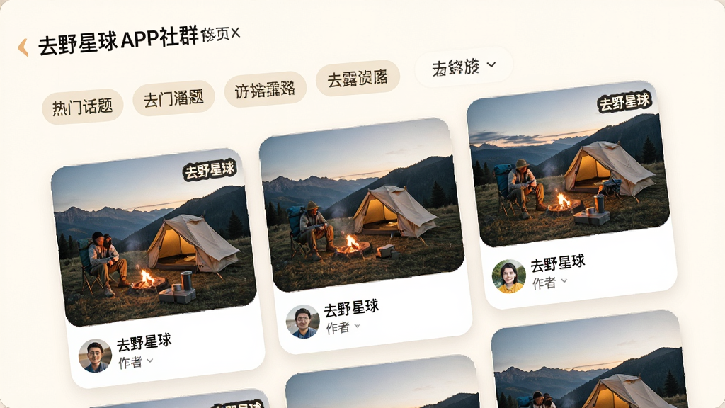 主体:去野星球APP社群页面,展示用户发布的露营照片与游记。布局:顶部是热门话题标签,下方是瀑布流卡片,包含图片、标题、作者头像。排版:网格布局,错落有致。风格:清新自然,暖色调。细节:图片上有“去野星球”角标,卡片圆角设计。画质:高清,干净,无多余元素。