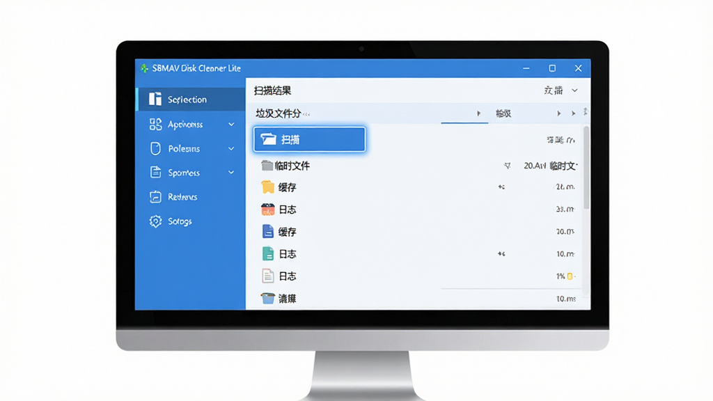 主体:SBMAV Disk Cleaner Lite软件界面展示在电脑屏幕中央,界面采用蓝白配色,左侧为功能导航栏,右侧显示扫描结果列表。布局:屏幕占画面主体,周围留白,干净整洁。排版:界面图标清晰,文字标签明确。风格:现代扁平化设计,商务科技感。细节:扫描按钮高亮显示,垃圾文件分类标注,包含“临时文件”、“缓存”、“日志”等字样。画质:高清,干净,无多余元素。