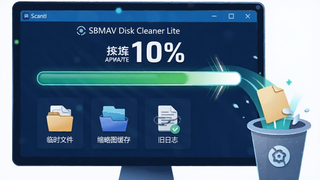 主体:电脑屏幕中SBMAV Disk Cleaner Lite扫描进度条快速前进,旁边有文件图标被吸入“回收站”的动效。布局:扫描界面居中,进度条醒目。排版:简洁明了,进度百分比数字加大显示。风格:动态科技感插画。细节:扫描过的文件类型以图标形式展示,如“临时文件”、“缩略图缓存”、“旧日志”。画质:清晰明亮,无多余元素。