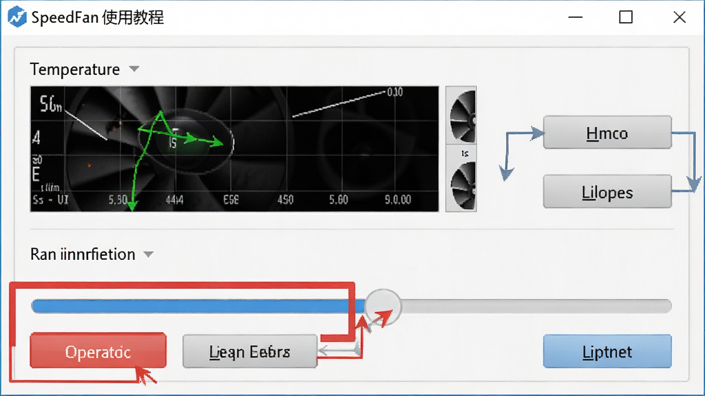 SpeedFan 使用教程截图,展示温度监控面板与风扇调节滑块,高亮显示关键操作按钮,界面清晰,风格简洁,画质高清,无多余元素