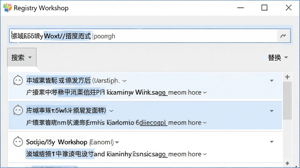 展示 Registry Workshop 的高级搜索界面,搜索框内输入关键词,下方列出多个搜索结果,高亮显示匹配项,背景为浅色,界面布局清晰,文字标签“搜索”、“替换”可见,画质干净,无多余元素,软件名称“Registry Workshop”出现在界面顶部。