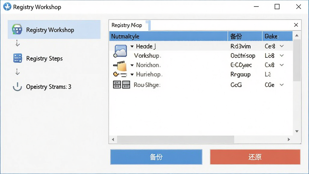 展示 Registry Workshop 的备份与还原向导界面,左侧为操作步骤,右侧为备份文件列表,有“备份”和“还原”按钮,整体风格清爽,软件名称“Registry Workshop”在标题栏显示。