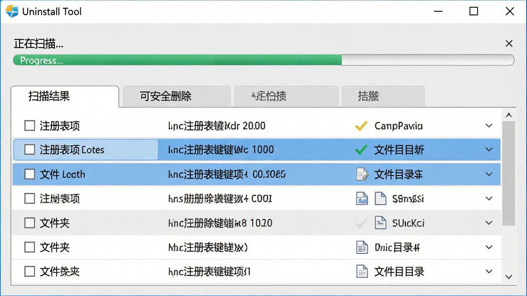 主体:Uninstall Tool 软件界面展示深度扫描结果,扫描出多条注册表键值和文件目录;布局:界面分为上下两部分,上半部分为卸载进度条,下半部分为扫描结果列表;排版:扫描结果按类型(注册表项、文件、文件夹)分类标签展示,每行带有复选框;风格:专业工具软件风格,背景为浅灰色,数据行用白色卡片区分;细节:进度条显示“正在扫描...”,高亮显示可安全删除的项目;画质:界面清晰,细节丰富,无多余元素。