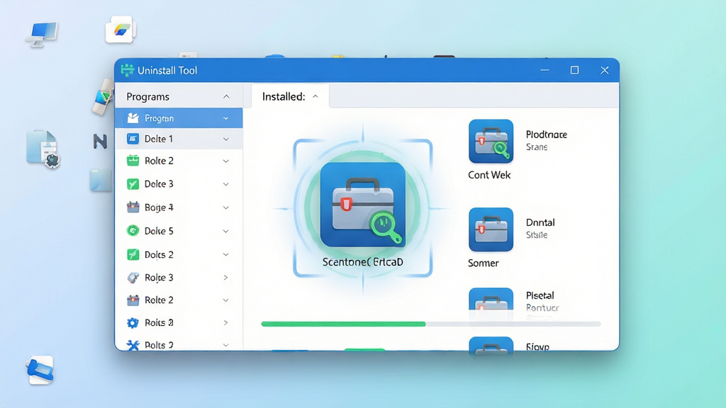主体:Uninstall Tool 软件界面悬浮于整洁的电脑桌面背景上,界面显示已安装程序列表与卸载进度条;布局:界面左侧为程序分类列表,右侧为详细软件图标与名称,中央突出一个正在被扫描的软件图标;排版:信息层级分明,列表清晰有序,扫描动画流畅;风格:现代扁平化UI设计,色调以蓝白为主,搭配少量绿色高亮;细节:软件图标带有工具箱造型,界面边缘有细微阴影,桌面背景为简约渐变;画质:高清渲染,干净无多余元素。