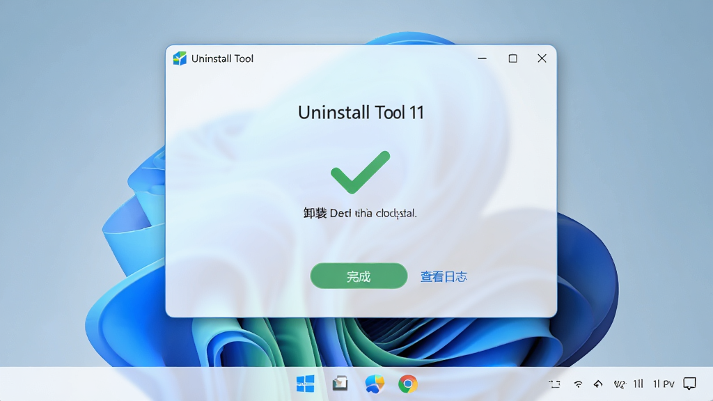 主体:Uninstall Tool 软件在Windows 11系统上运行,显示卸载完成提示;布局:主界面中央显示绿色对勾,周围有“完成”按钮和“查看日志”链接;排版:简洁明了;风格:Windows 11 圆角风格,背景为浅色壁纸;细节:任务栏中显示软件图标,界面无其他干扰元素;画质:高清,干净,无多余元素。