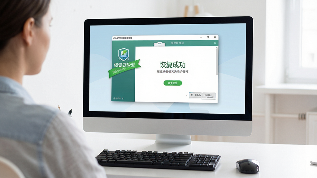 主体:用户正在电脑上操作易我数据恢复,屏幕显示恢复完成界面;布局:电脑屏幕居中,键盘鼠标可见;排版:自然真实;风格:明亮办公场景;细节:屏幕上有“恢复成功”字样,软件界面清晰可见;画质:高清,干净,无多余元素